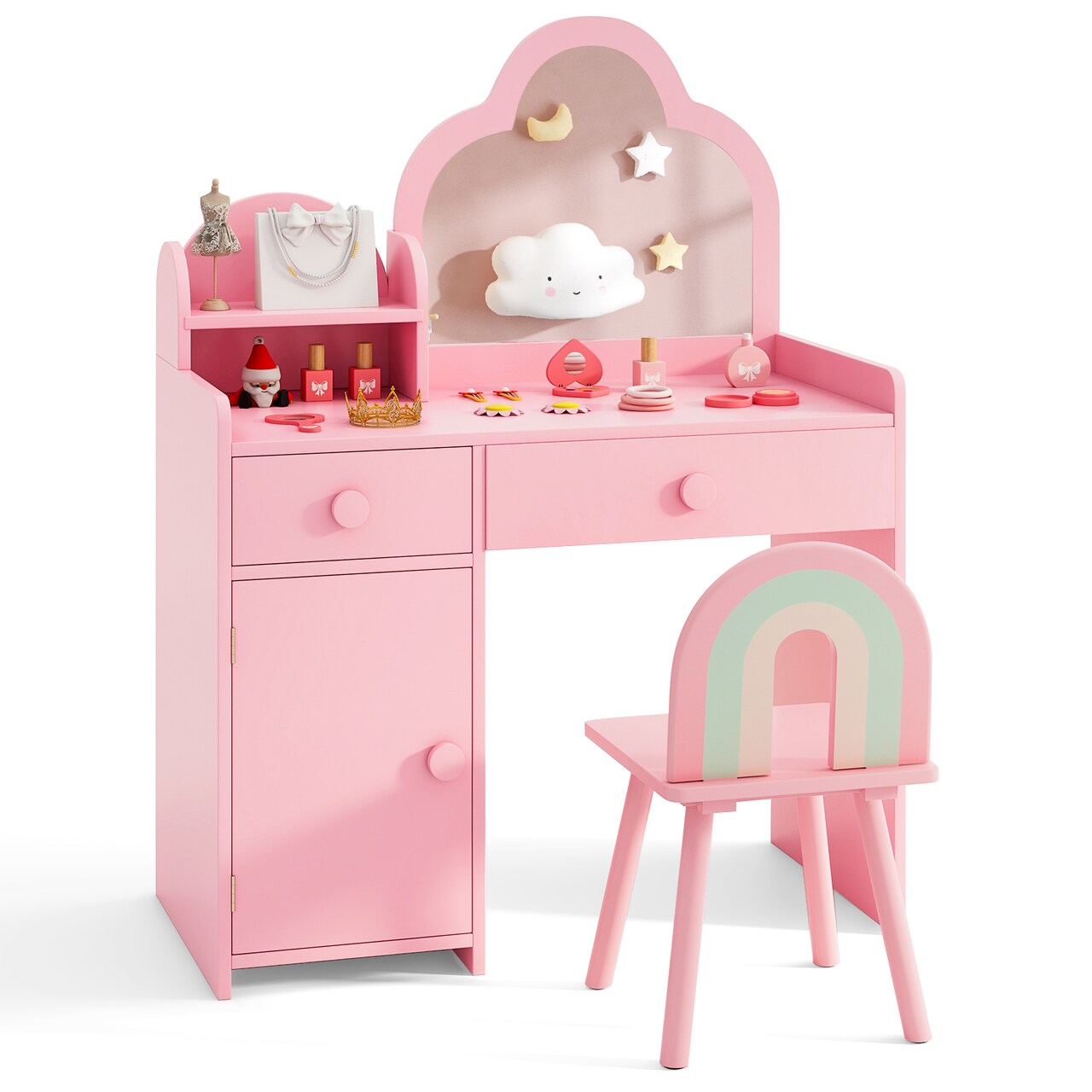 Kids Vanity Set, Cloud Shape Mirror, Storage and Pine Wood Stool